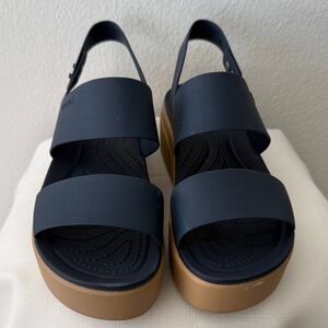CROCS Navy Double-Strap Platform Sandals with Tan Sole